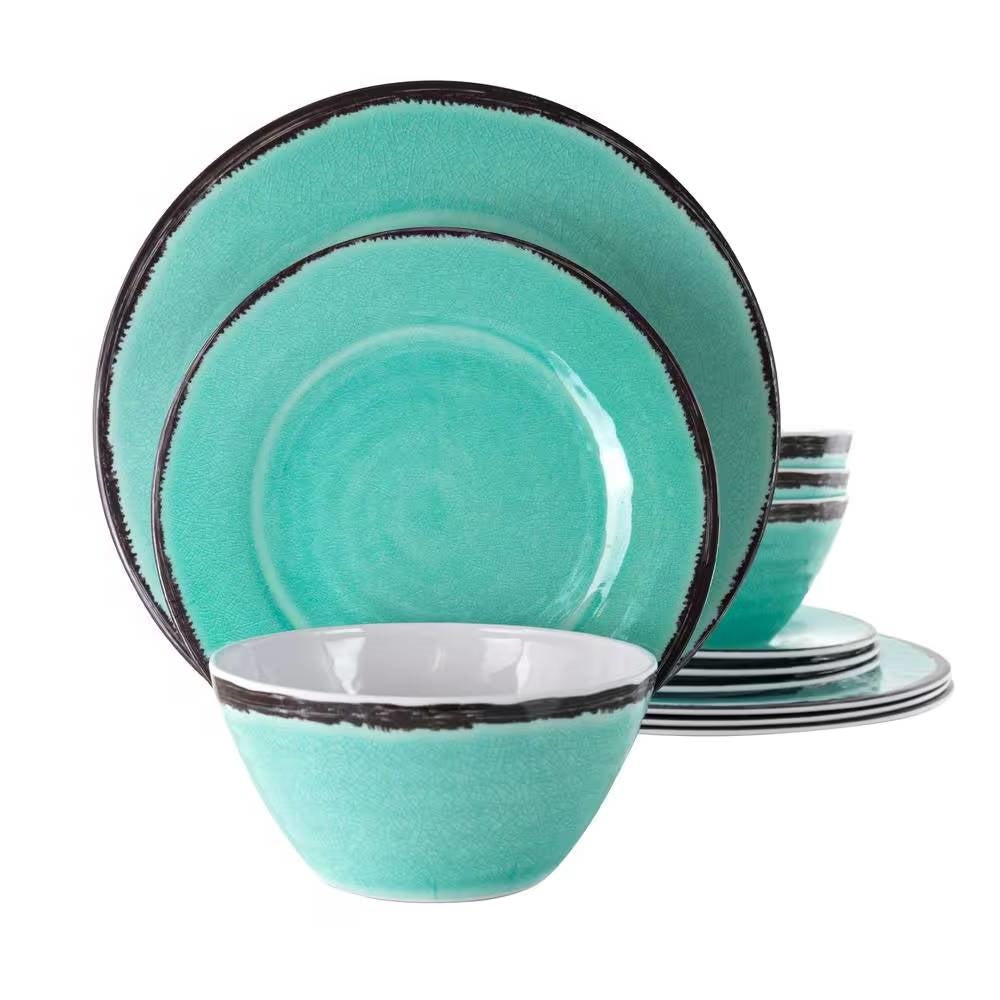 12-Piece Melamine Plates Bowls Dinnerware Set in Turquoise Blue - Service for 4 with crackle pattern and black rim