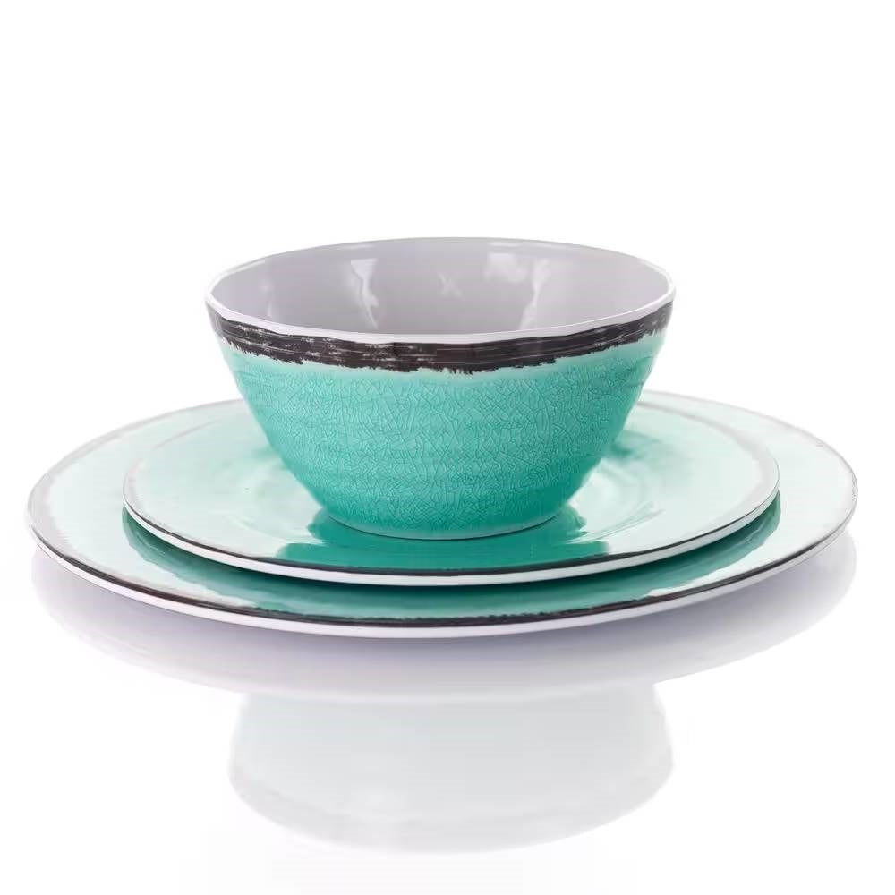 12-Piece Melamine Plates Bowls Dinnerware Set in Turquoise Blue - Service for 4 with crackle pattern and black rim