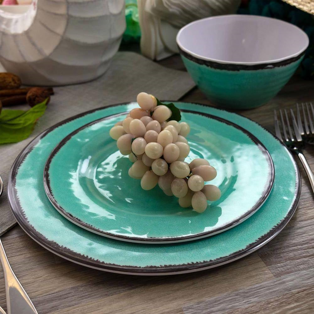 12-Piece Melamine Plates Bowls Dinnerware Set in Turquoise Blue - Service for 4 displayed on dining table with grapes