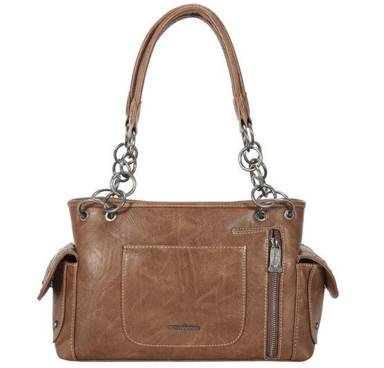 Western Elegance Tooled Leather Purse with rustic charm and floral pattern, features top zipper and spacious interior.
