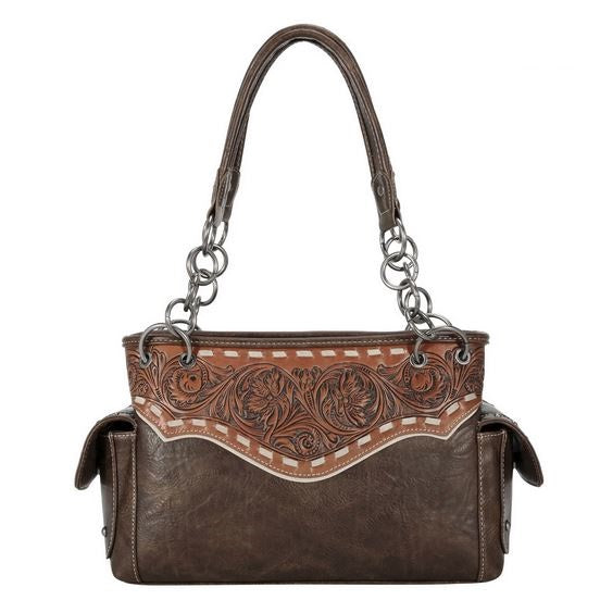Western Elegance Tooled Leather Purse with floral pattern and saddle stitch details, handcrafted high-quality brown leather handbag.