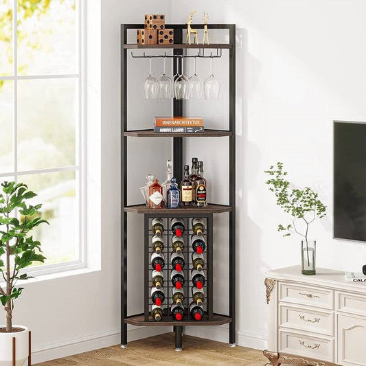 Industrial Corner Wine Rack Storage Shelving Unit with Glass Holders in living room corner with bottles and glasses displayed.