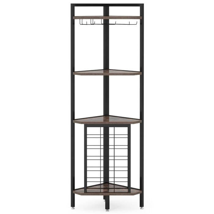 Industrial Corner Wine Rack Storage Shelving Unit with Glass Holders displaying bottles and glasses in a rustic design.