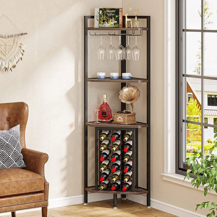 Industrial Corner Wine Rack Storage Shelving Unit with Glass Holders displayed in living room corner with bottles and glassware.