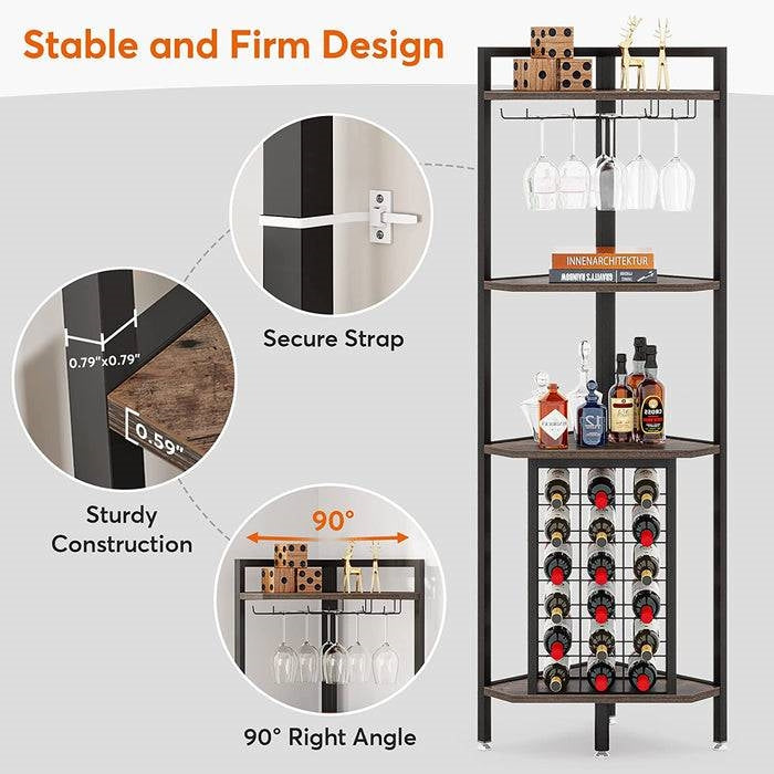Industrial Corner Wine Rack Storage Shelving Unit with Glass Holders in stable and firm design with 4 tiers and secure strap.
