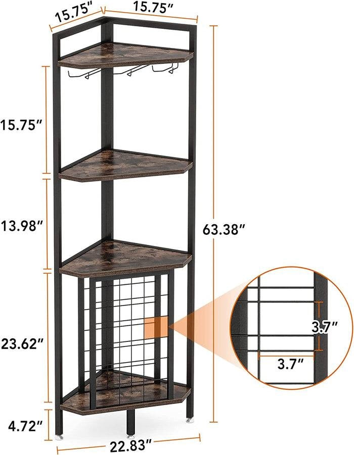 Industrial Corner Wine Rack Storage Shelving Unit with Glass Holders featuring 4 tiers and dimensions for efficient space utilization.