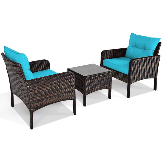 3-Piece Brown PE Rattan Outdoor Patio Furniture Dining Set w/ Turquoise Cushions showcasing two chairs and a table.