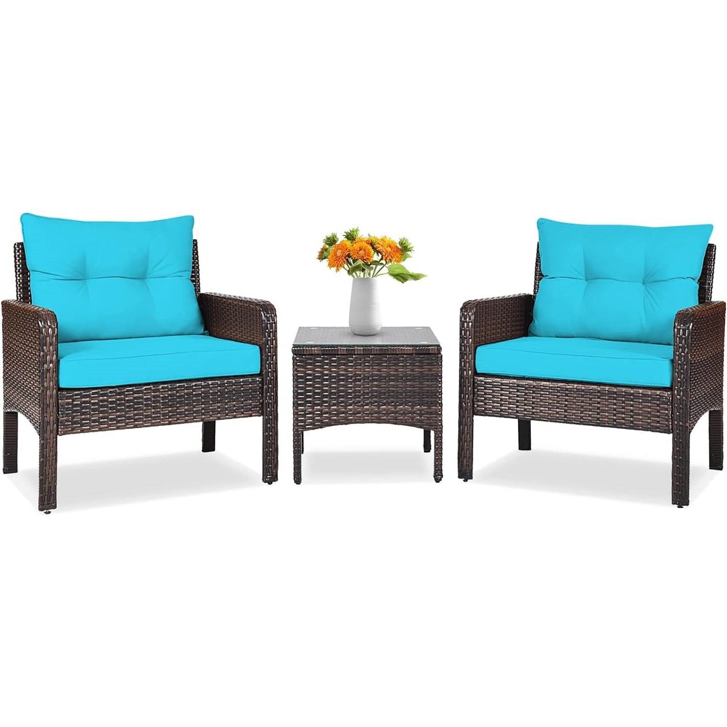 3-Piece Brown PE Rattan Outdoor Patio Furniture Dining Set w/ Turquoise Cushions featuring two chairs and a table.