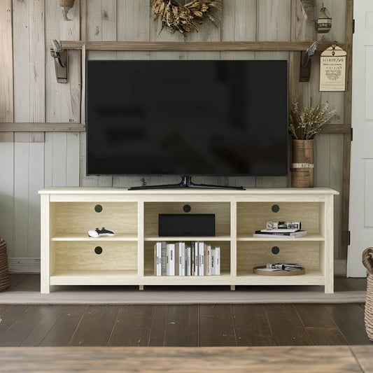 Farmhouse TV Stand in Light Travertine Wood Finish - for TVs up to 70-inch with six open compartments in a rustic room setting.