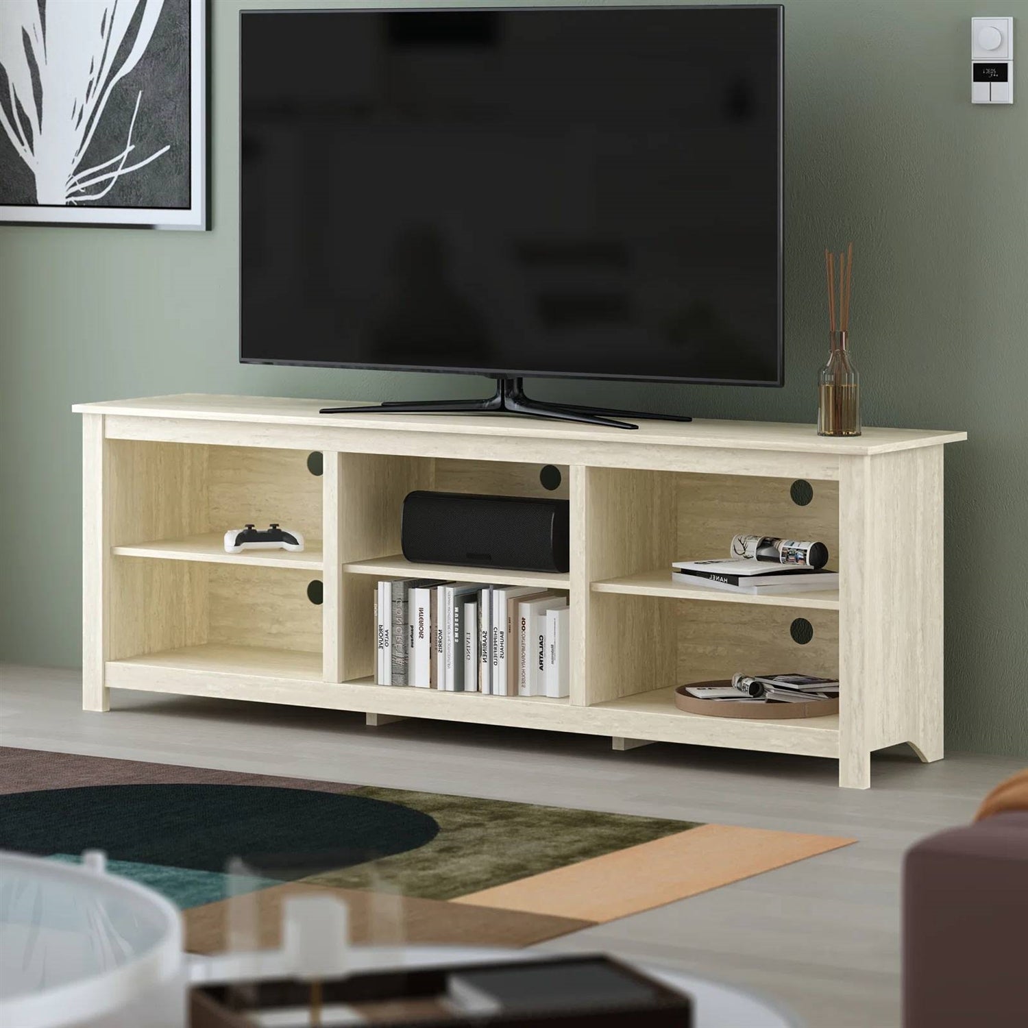 Farmhouse TV Stand in Light Travertine Wood Finish - for TVs up to 70-inch with six open compartments for books and decor