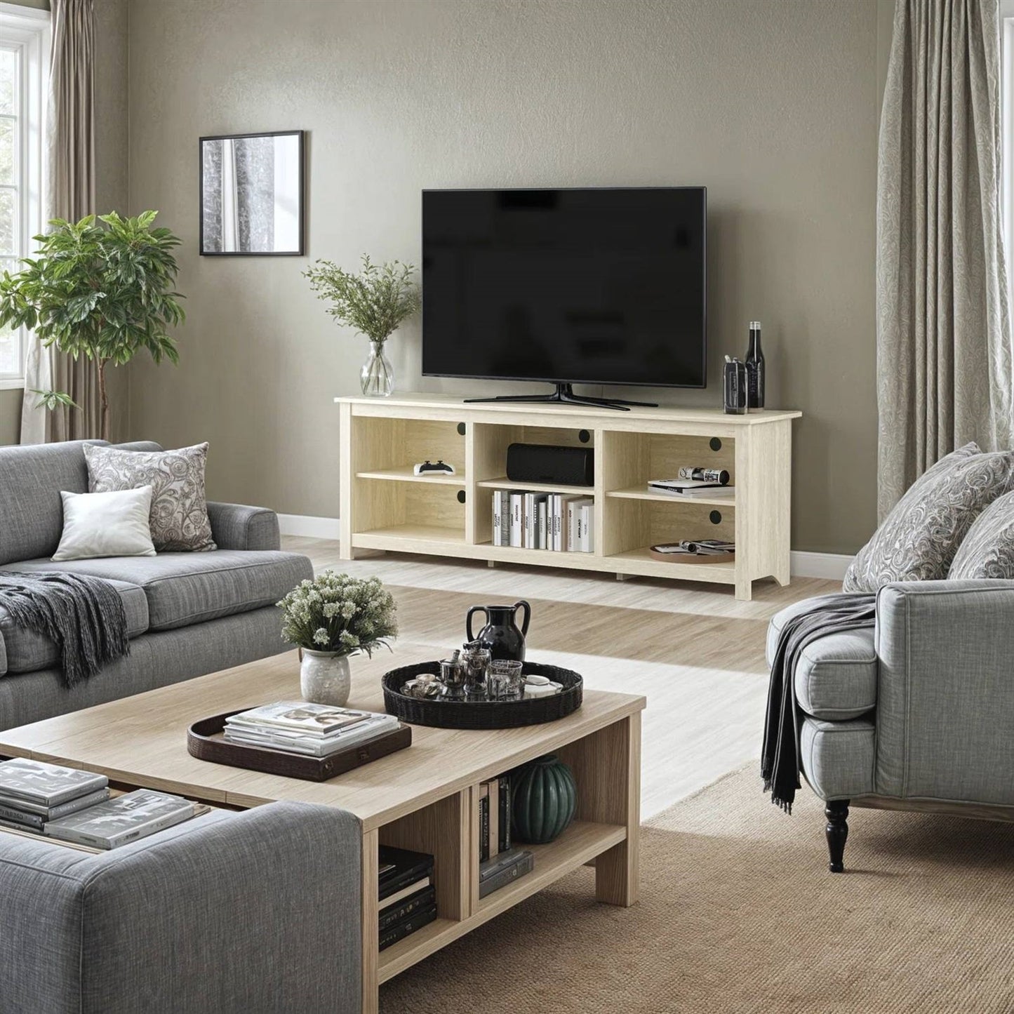 Farmhouse TV Stand in Light Travertine Wood Finish - for TVs up to 70-inch in a modern living room setting with decor items.