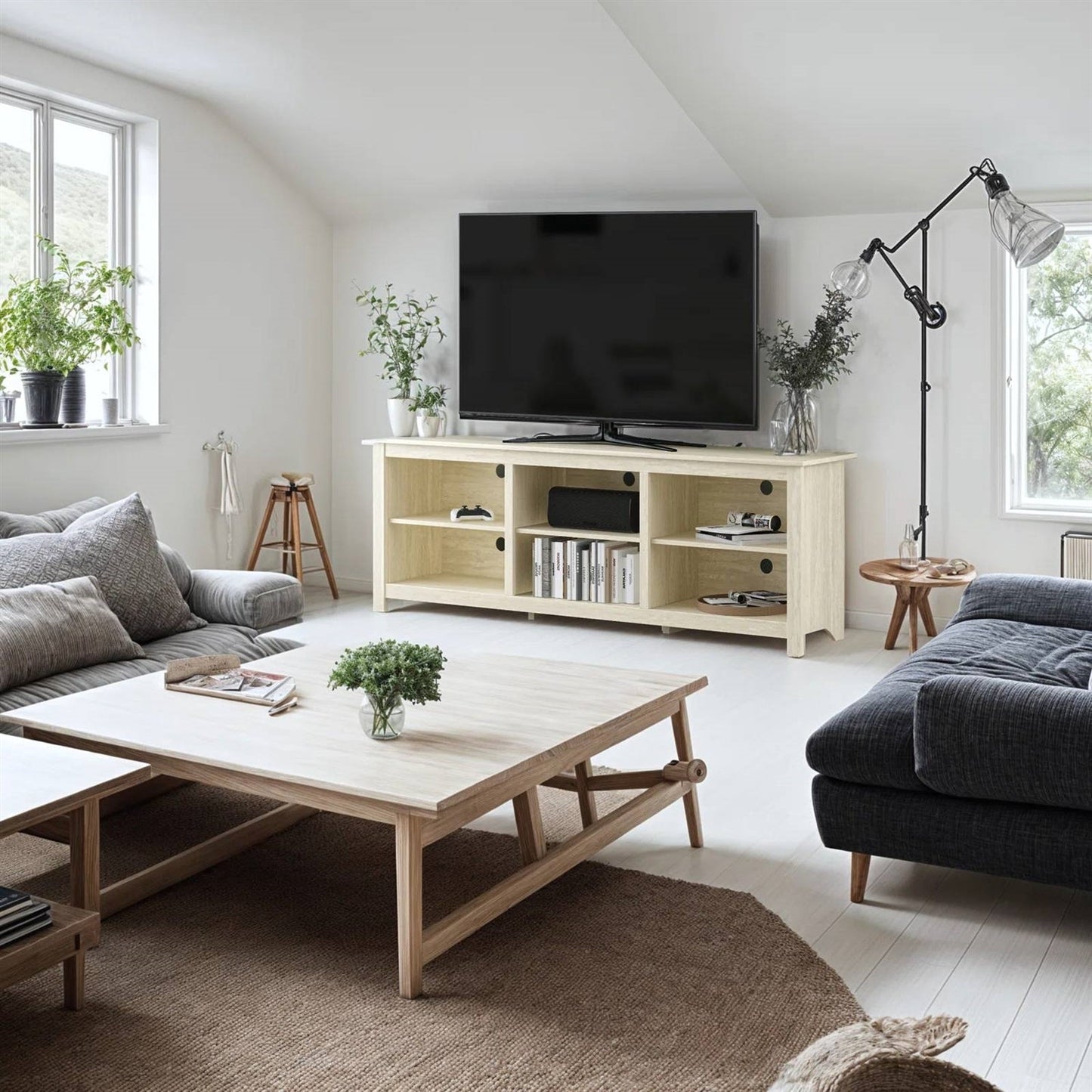 Farmhouse TV Stand in Light Travertine Wood Finish - for TVs up to 70-inch, featuring six open compartments, in a modern living room setting.