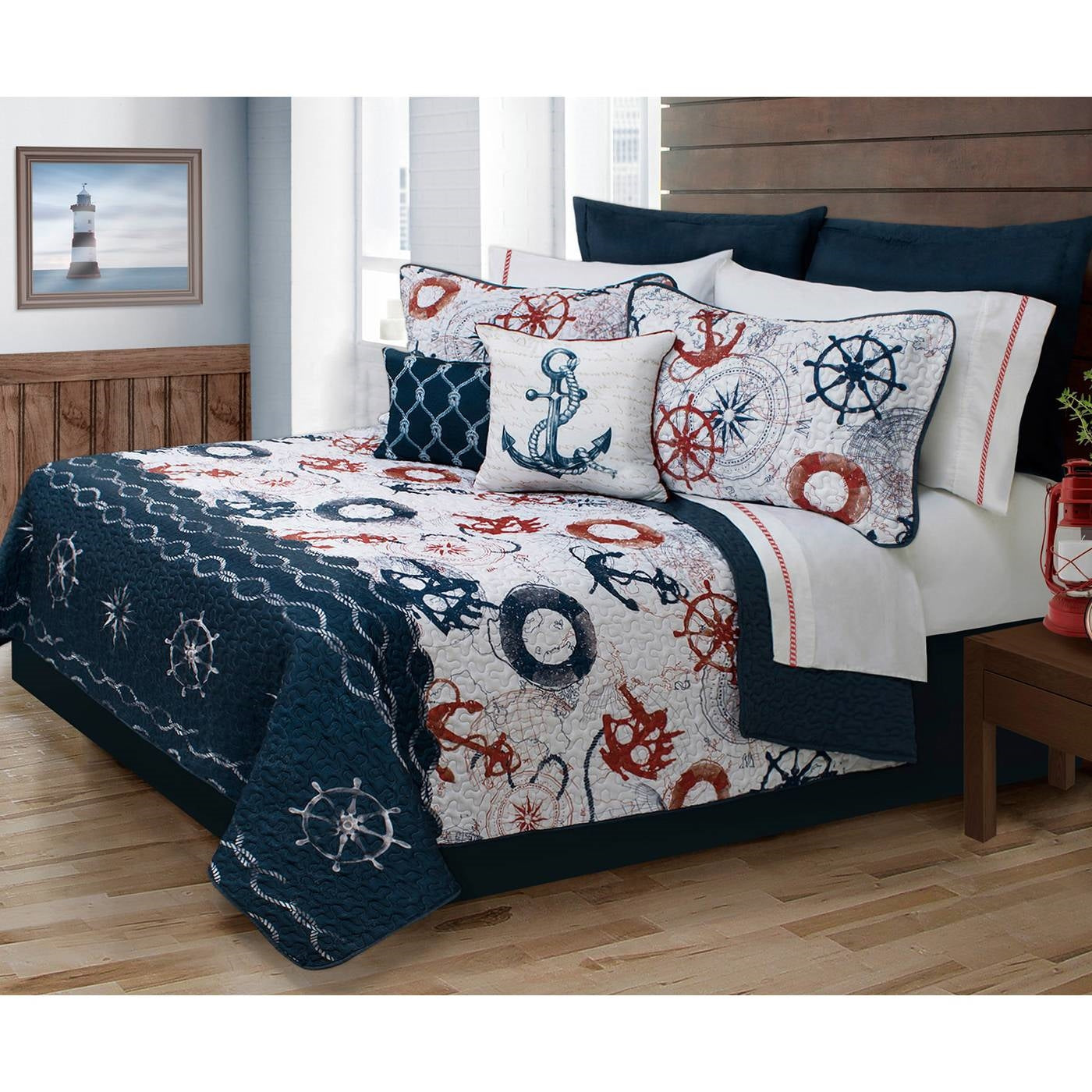 Twin Size Modern Coastal Anchor Polyester Reversible Quilt Set with nautical design and matching shams in a bedroom setting.