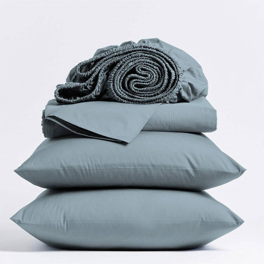 Twin size Aqua Blue 100-Percent Certified Organic Cotton Sheet Set neatly stacked with pillowcases