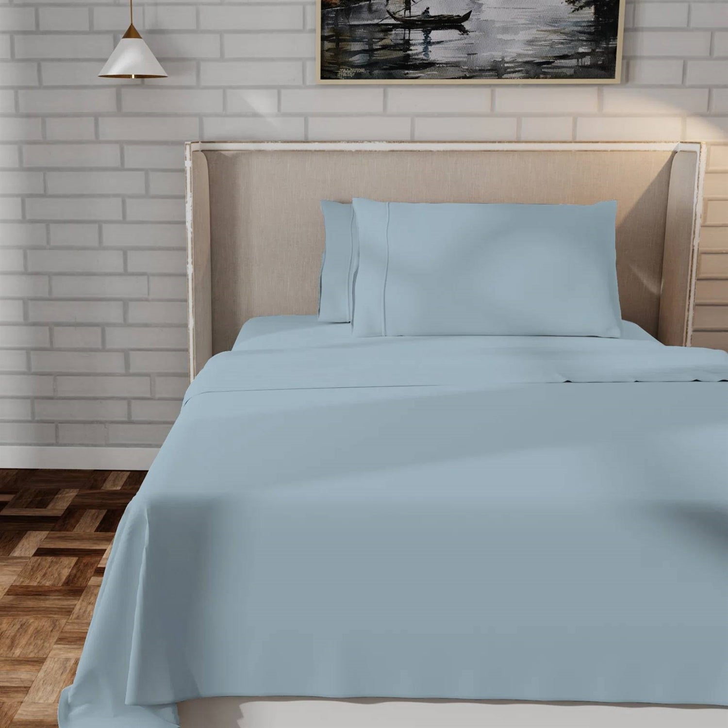 Twin size Aqua Blue 100-Percent Certified Organic Cotton Sheet Set on bed in modern room
