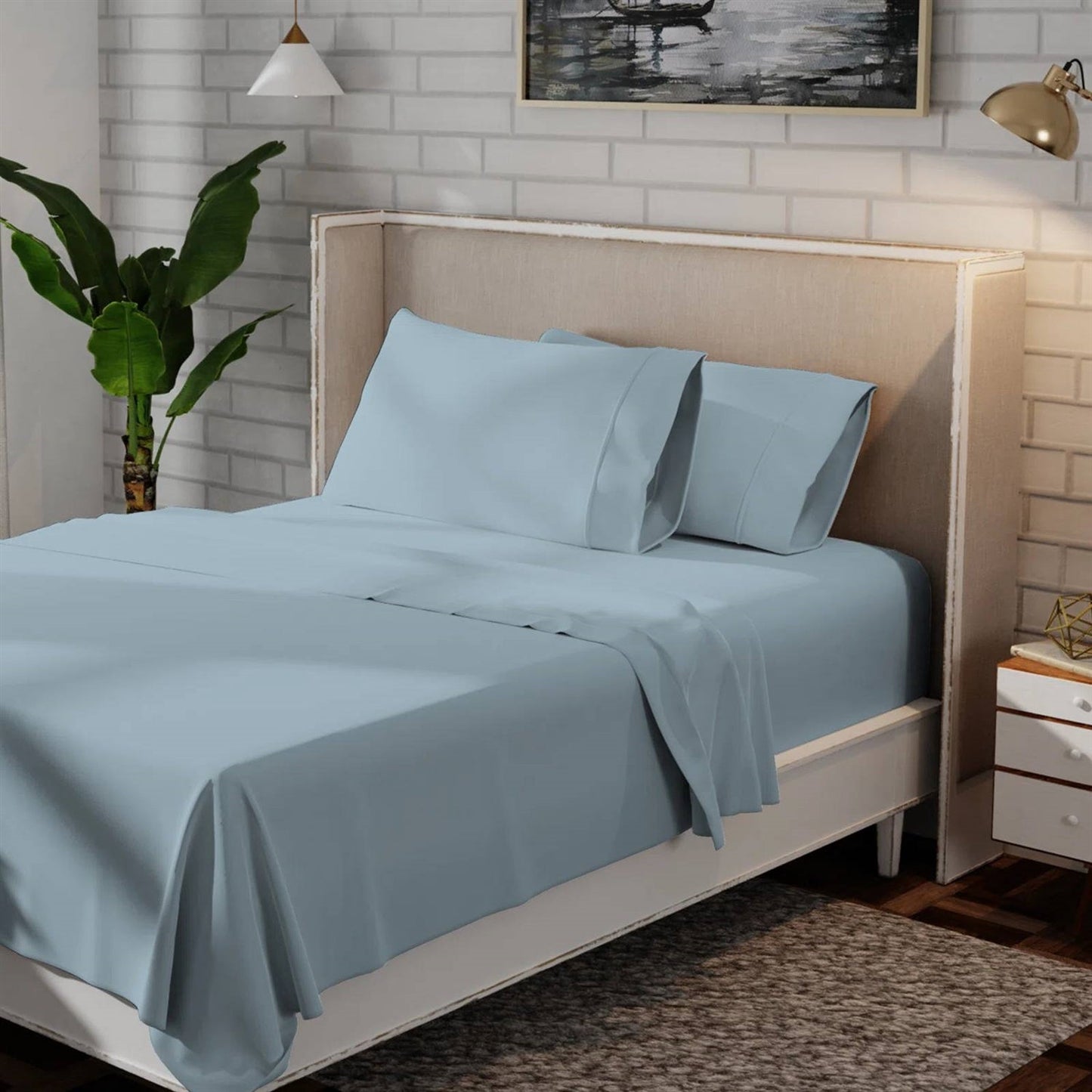 Twin size Aqua Blue 100-Percent Certified Organic Cotton Sheet Set on a bed in a modern bedroom setting.