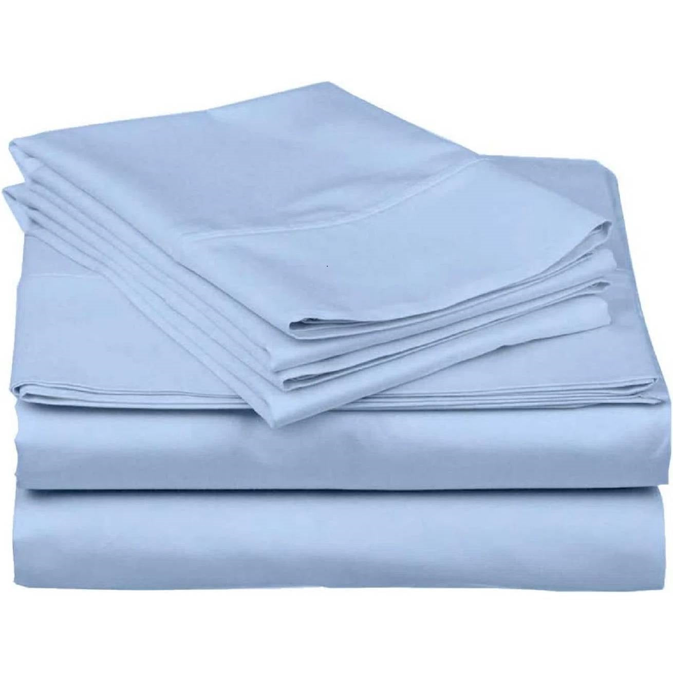 Twin Blue 100-Percent Egyptian Cotton 1000 Thread Count 3-Piece Sheet Set neatly stacked, showcasing luxury fabric.