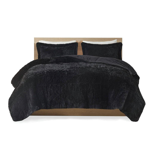 Twin/Twin XL Black Soft Sherpa Faux Fur 2-Piece Comforter Set with Shams on bed, showcasing stylish shaggy faux fur texture.