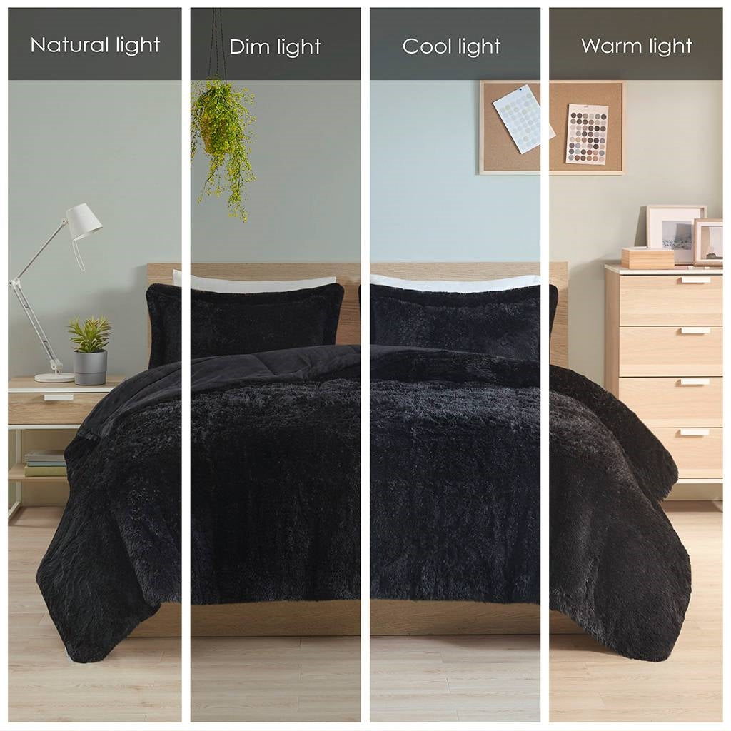Twin/Twin XL Black Soft Sherpa Faux Fur 2-Piece Comforter Set with Shams in different lighting settings on bed