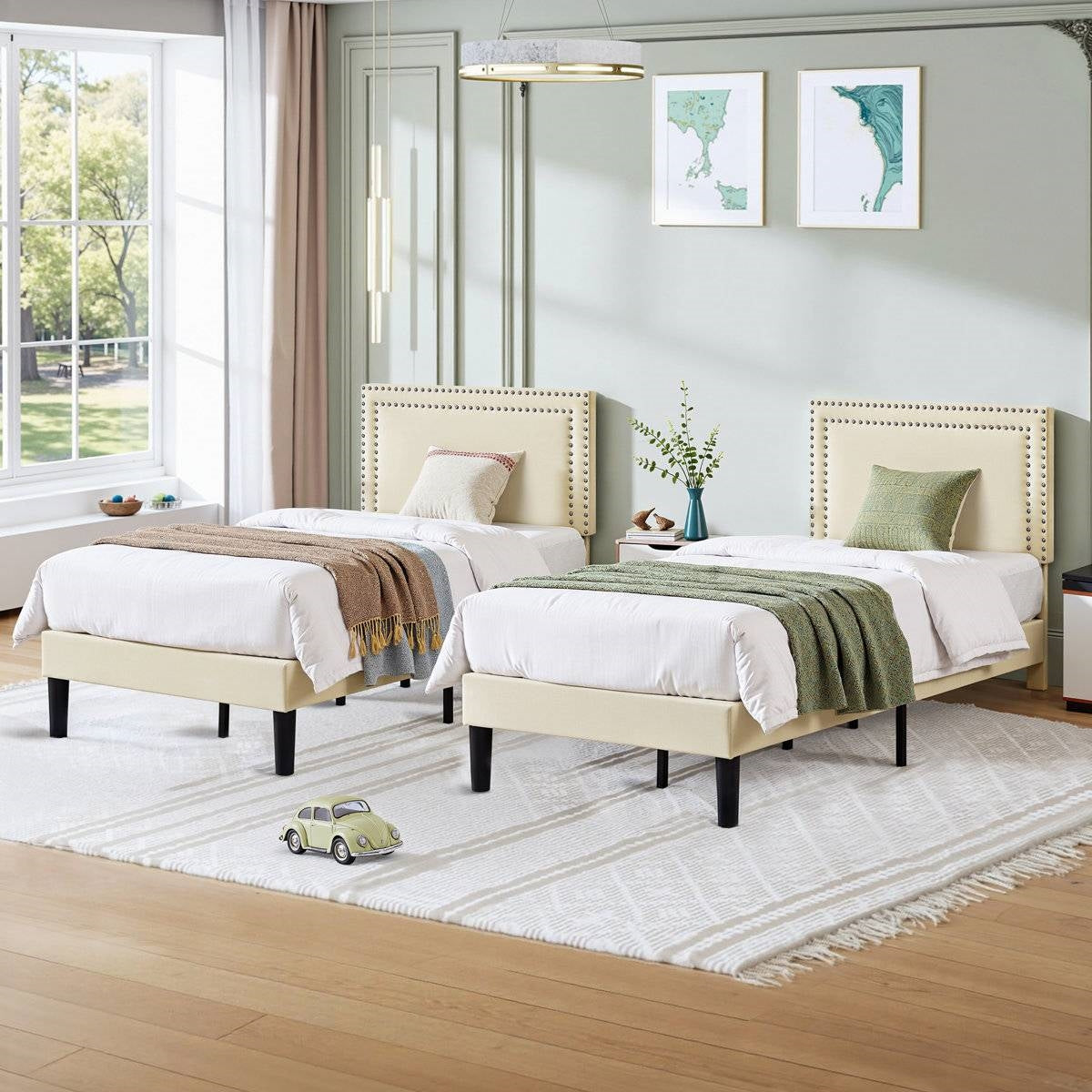 Twin Size - Set of 2 - Dorm Style Beige Tufted Upholstered Platform Beds with elegant design and minimalist headboards in a bedroom setting