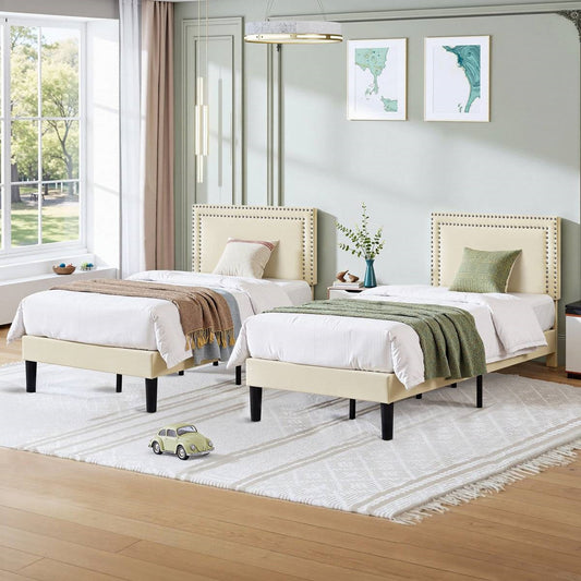 Twin Size - Set of 2 - Dorm Style Beige Tufted Upholstered Platform Beds with elegant design and minimalist headboards in a bedroom setting