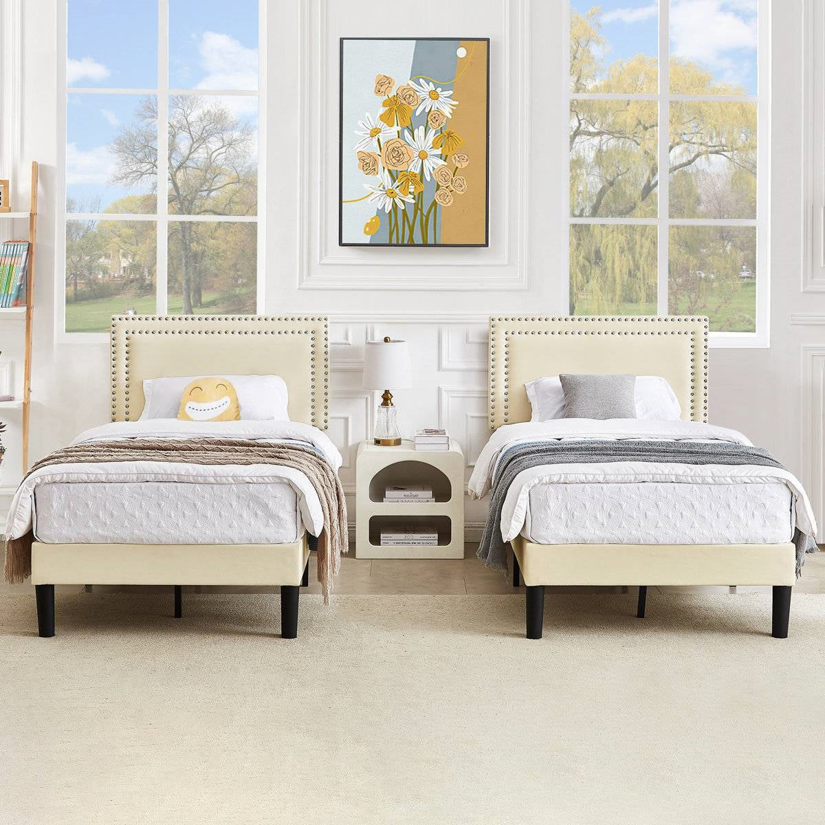 Twin Size - Set of 2 - Dorm Style Beige Tufted Upholstered Platform Beds in a bedroom with elegant, minimalist decor.