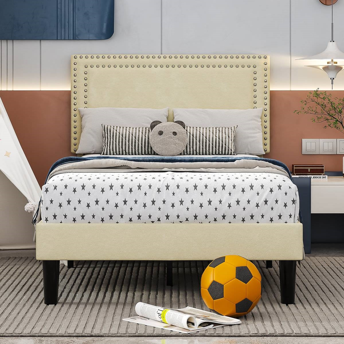 Twin Size - Set of 2 - Dorm Style Beige Tufted Upholstered Platform Beds in modern bedroom setting