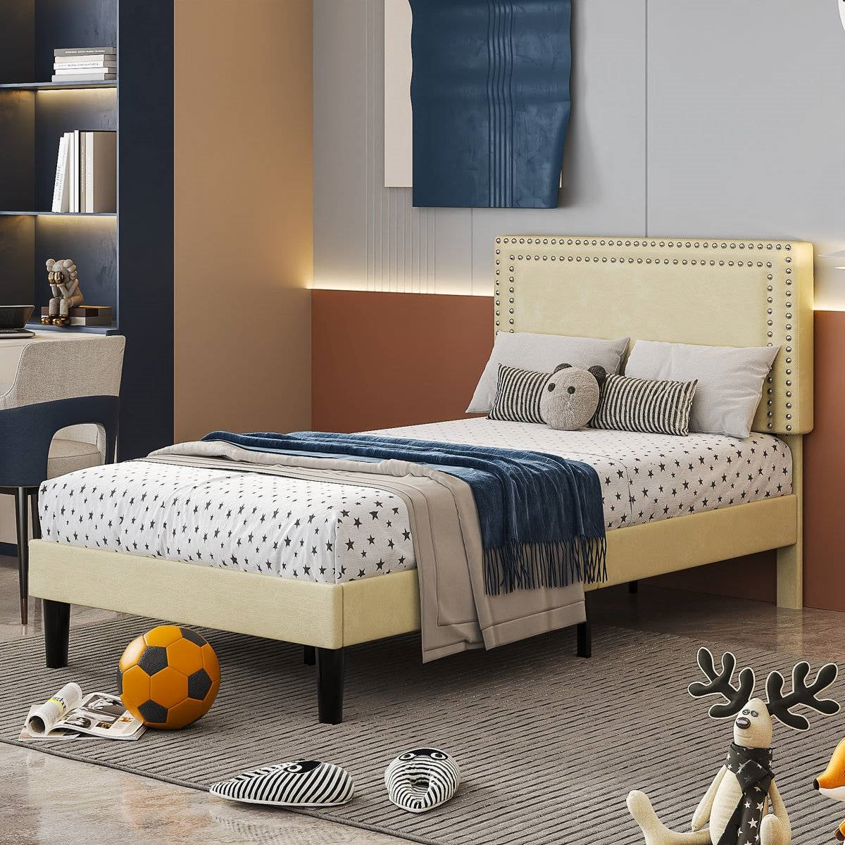 Twin Size - Set of 2 - Dorm Style Beige Tufted Upholstered Platform Beds in a modern bedroom setting