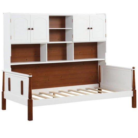 Twin size Vintage White Walnut Daybed with Bookcase Storage Cabinet Headboard displayed against white background