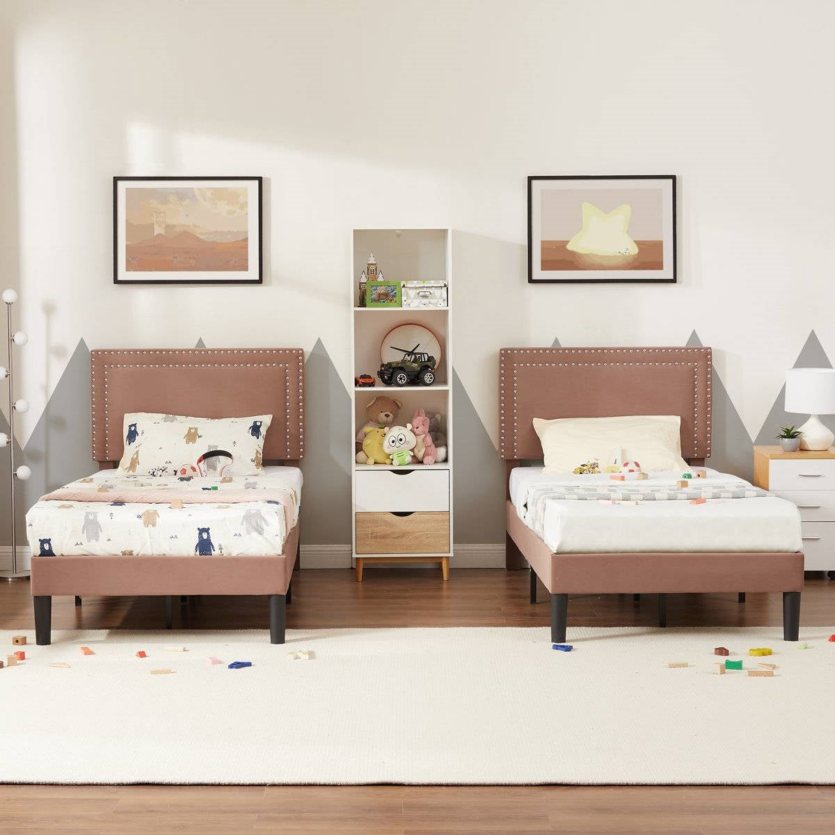 Set of 2 - Twin size Brown Tan Tufted Upholstered Platform Bed with Headboard in a stylish bedroom setting