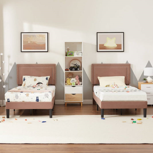 Set of 2 - Twin size Brown Tan Tufted Upholstered Platform Bed with Headboard in a stylish bedroom setting