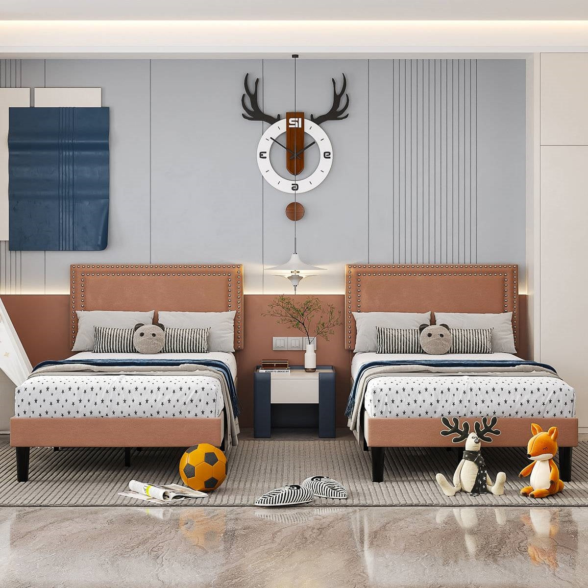 Set of 2 - Twin size Brown Tan Tufted Upholstered Platform Bed with Headboard in a modern bedroom setting