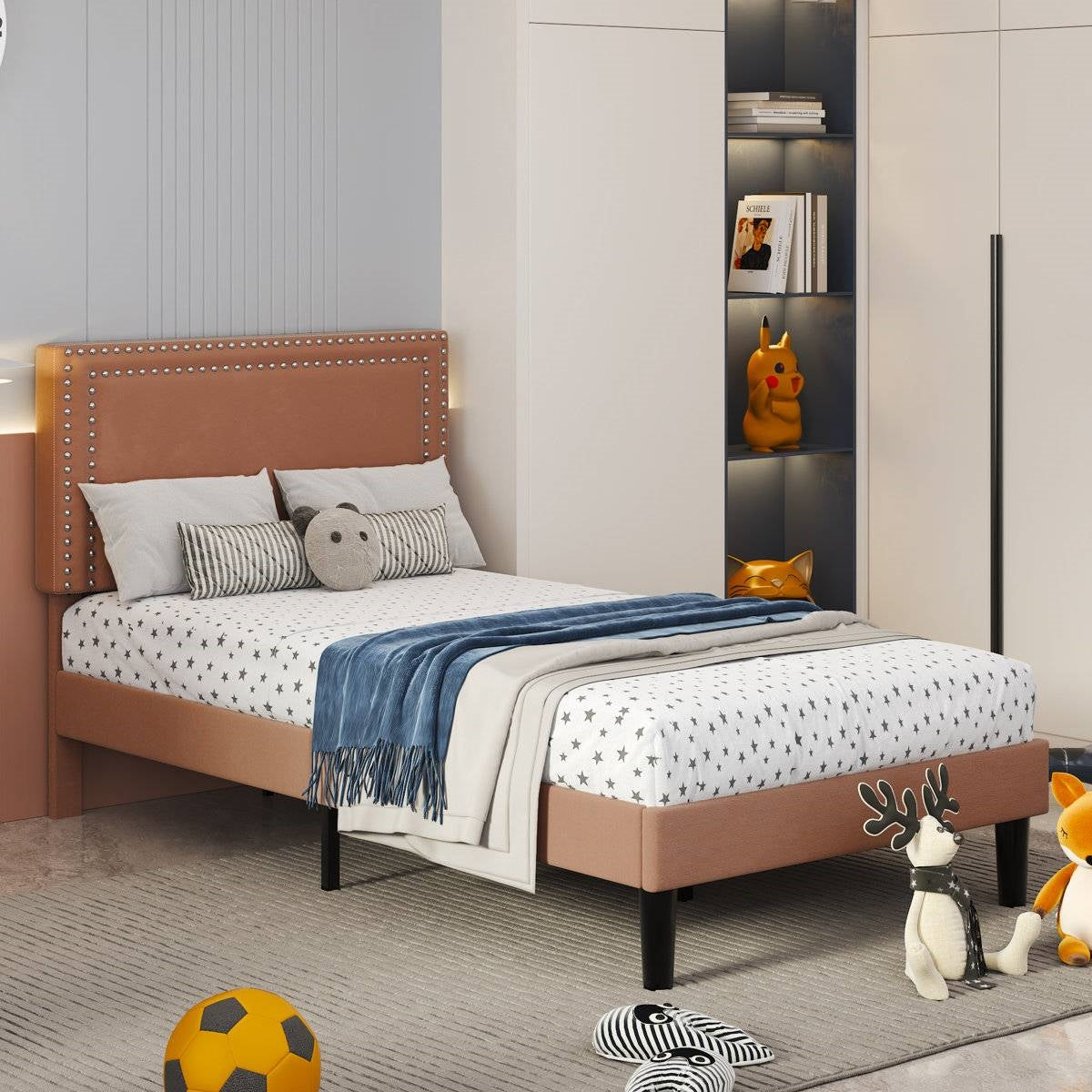 Set of 2 - Twin size Brown Tan Tufted Upholstered Platform Bed with Headboard in modern bedroom setting