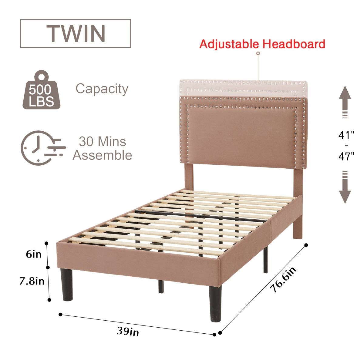Set of 2 - Twin size Brown Tan Tufted Upholstered Platform Bed with Headboard, adjustable features, and 500 lbs capacity.