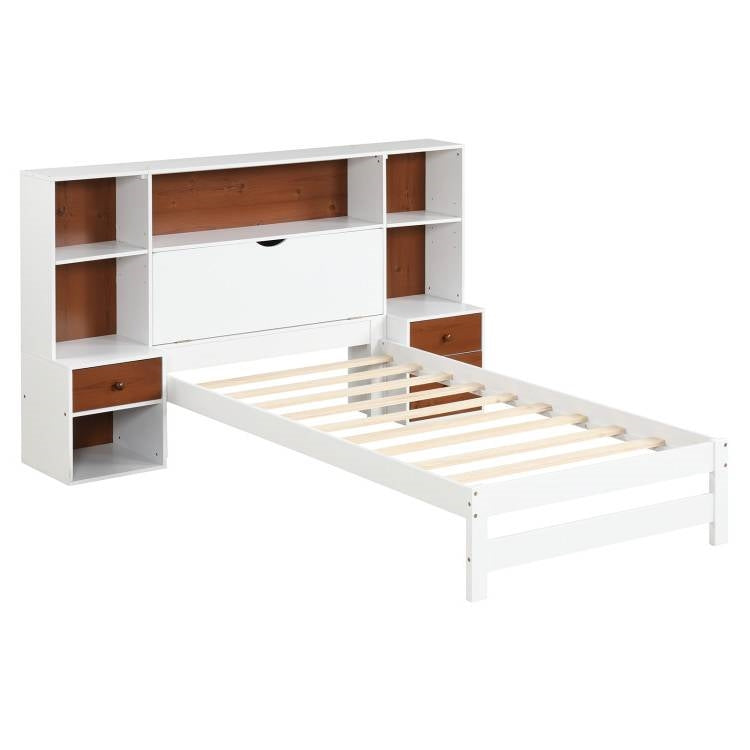 Twin Bed Frame with White Walnut Bookcase Storage Headboard and 2 Nightstands showcasing ample storage space for bedrooms.