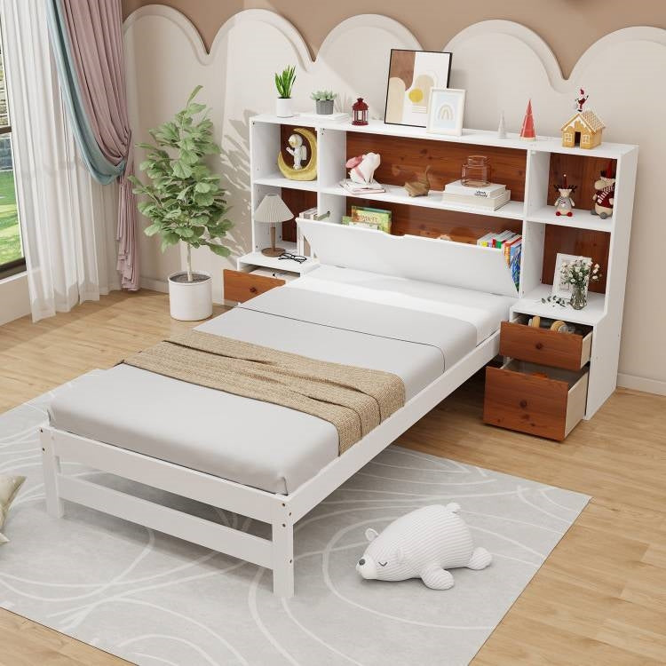 Twin Bed Frame with White Walnut Bookcase Storage Headboard and 2 Nightstands in a cozy bedroom setting