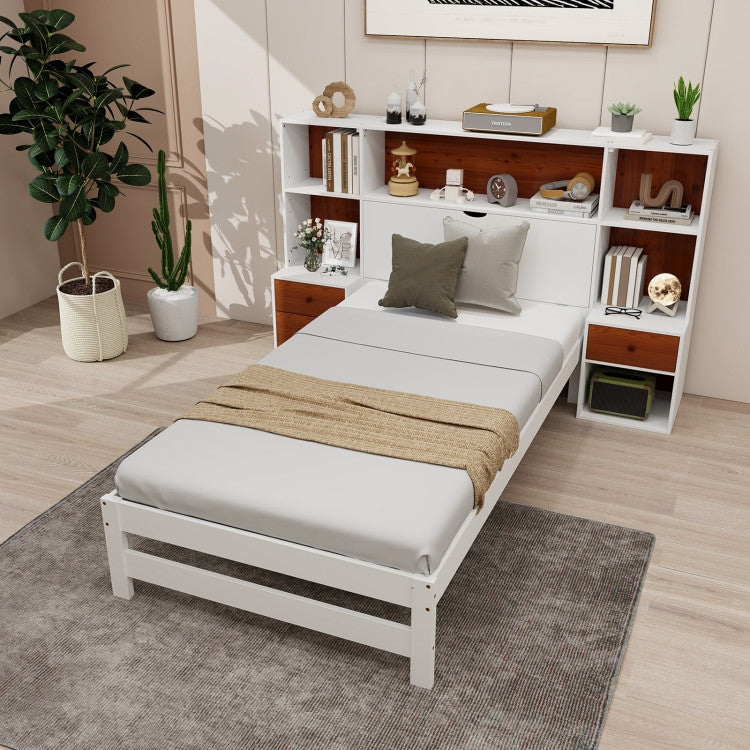 Twin Bed Frame with White Walnut Bookcase Storage Headboard and 2 Nightstands in modern bedroom