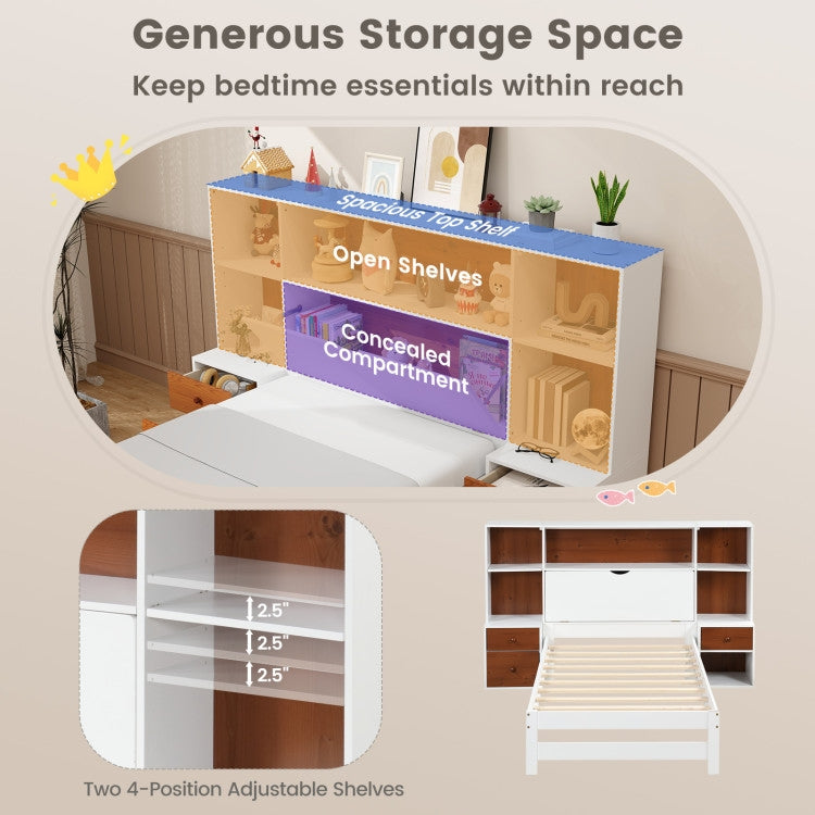 Twin Bed Frame with White Walnut Bookcase Storage Headboard and 2 Nightstands showcasing storage options.