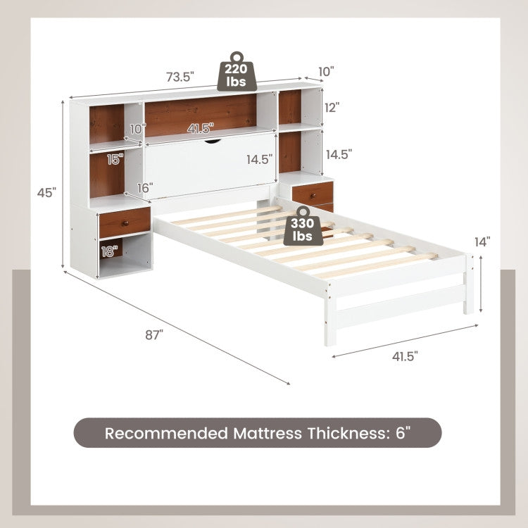 Twin Bed Frame with White Walnut Bookcase Storage Headboard and 2 Nightstands, 87 x 73.5 x 45 inches, recommended mattress thickness 6 inches