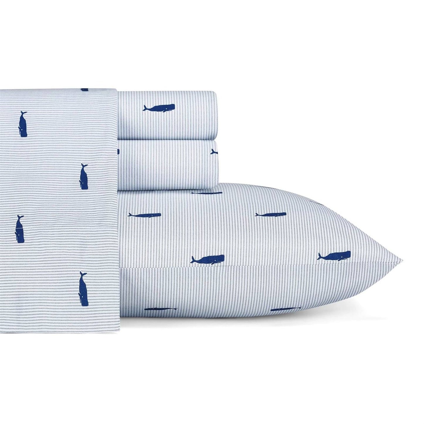 Twin size Coastal Beach 100-Percent Cotton Navy Blue White Stripe Sheet Set with whale pattern and pillowcase