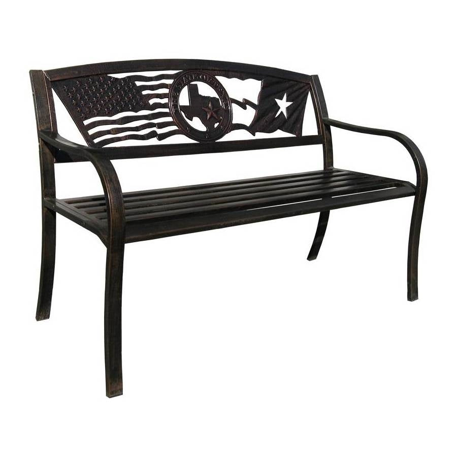 2 Person Texas Star Patriotic USA Flag Outdoor Metal Garden Bench in Bronze featuring Flags Over Texas design