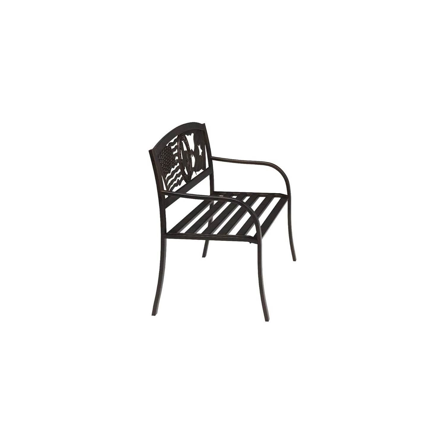 2 Person Texas Star Patriotic USA Flag Outdoor Metal Garden Bench in Bronze with unique Flags Over Texas design.