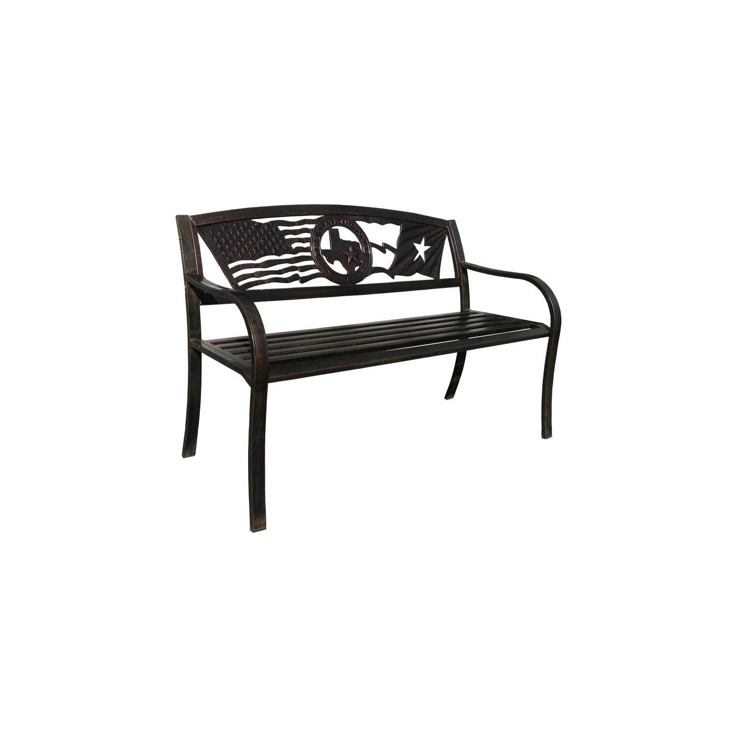 2 Person Texas Star Patriotic USA Flag Outdoor Metal Garden Bench in Bronze with Flags Over Texas design.