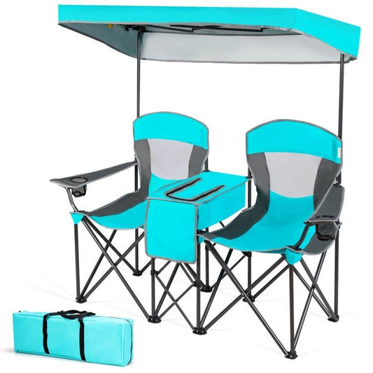 Turquoise Blue 2-Piece Folding Canopy Chair with Cup Holder and Storage Pocket, ideal for outdoor use with adjustable sun-blocking canopy.