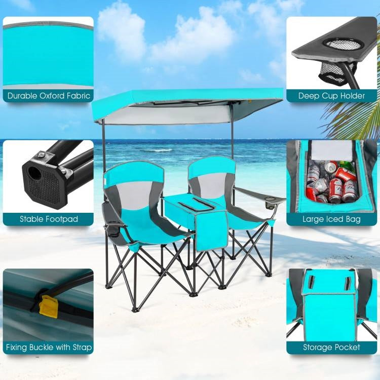 Turquoise Blue 2-Piece Folding Canopy Chair with Cup Holder and Storage Pocket on a beach