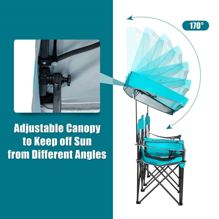 Turquoise Blue 2-Piece Folding Canopy Chair with Cup Holder and Storage Pocket, adjustable sun blocking canopy demonstration