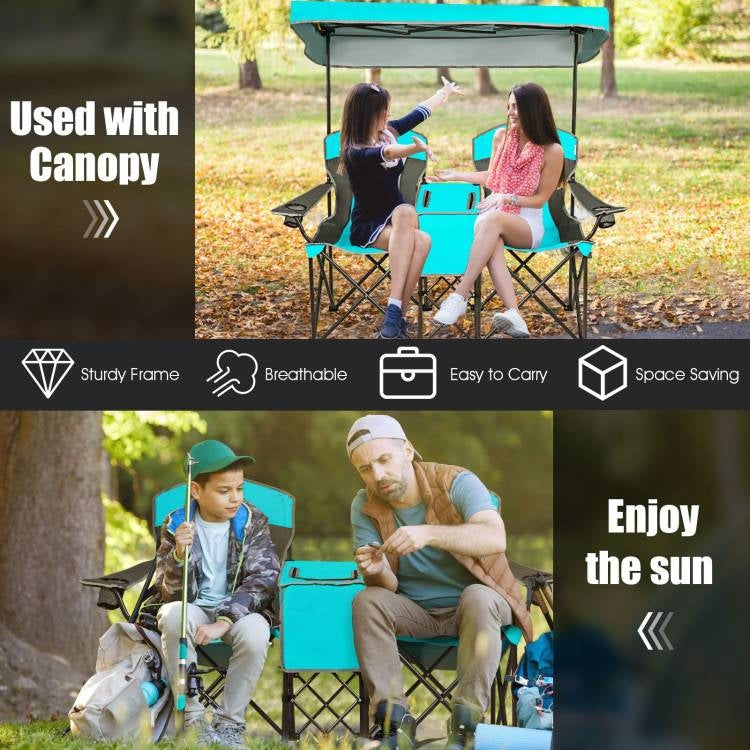 Turquoise Blue 2-Piece Folding Canopy Chair with Cup Holder and Storage Pocket, perfect for camping and outdoor relaxation.