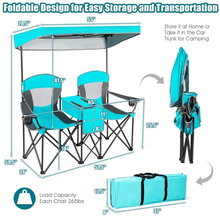 Turquoise Blue 2-Piece Folding Canopy Chair with Cup Holder and Storage Pocket, 265 lbs capacity, dimensions, and portability features.