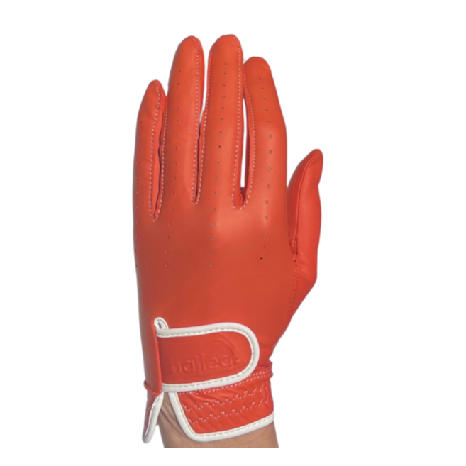 Premium Elongated Golf Gloves - Colored, red glove with white trim for women, designed for better grip and longer fingers.