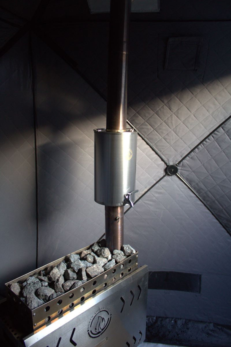 Sauna Tent Water Heater attached to chimney pipe in tent sauna, heating with chimney heat, easy to use for hot water during sauna sessions.